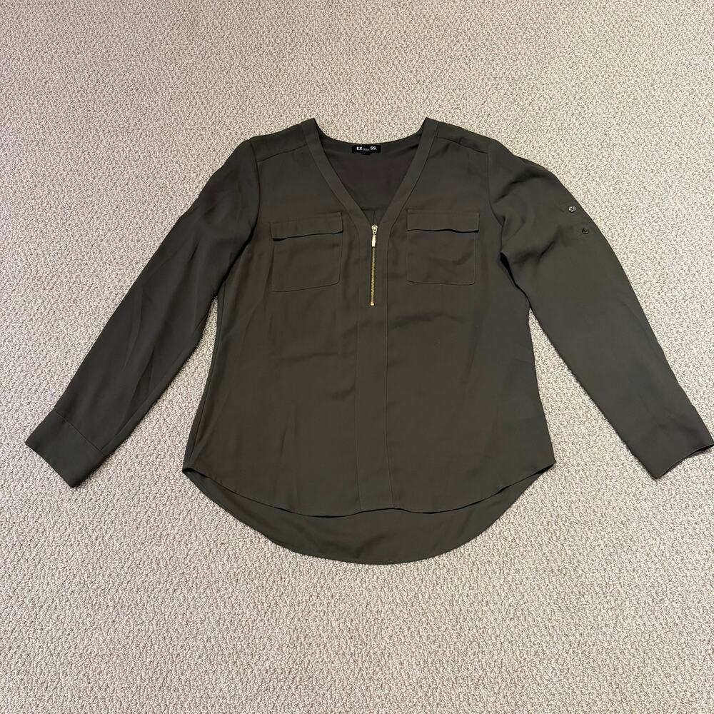Express Olive Green Utility Blouse M Roll Tab Sleeve Gold Zip V Neck